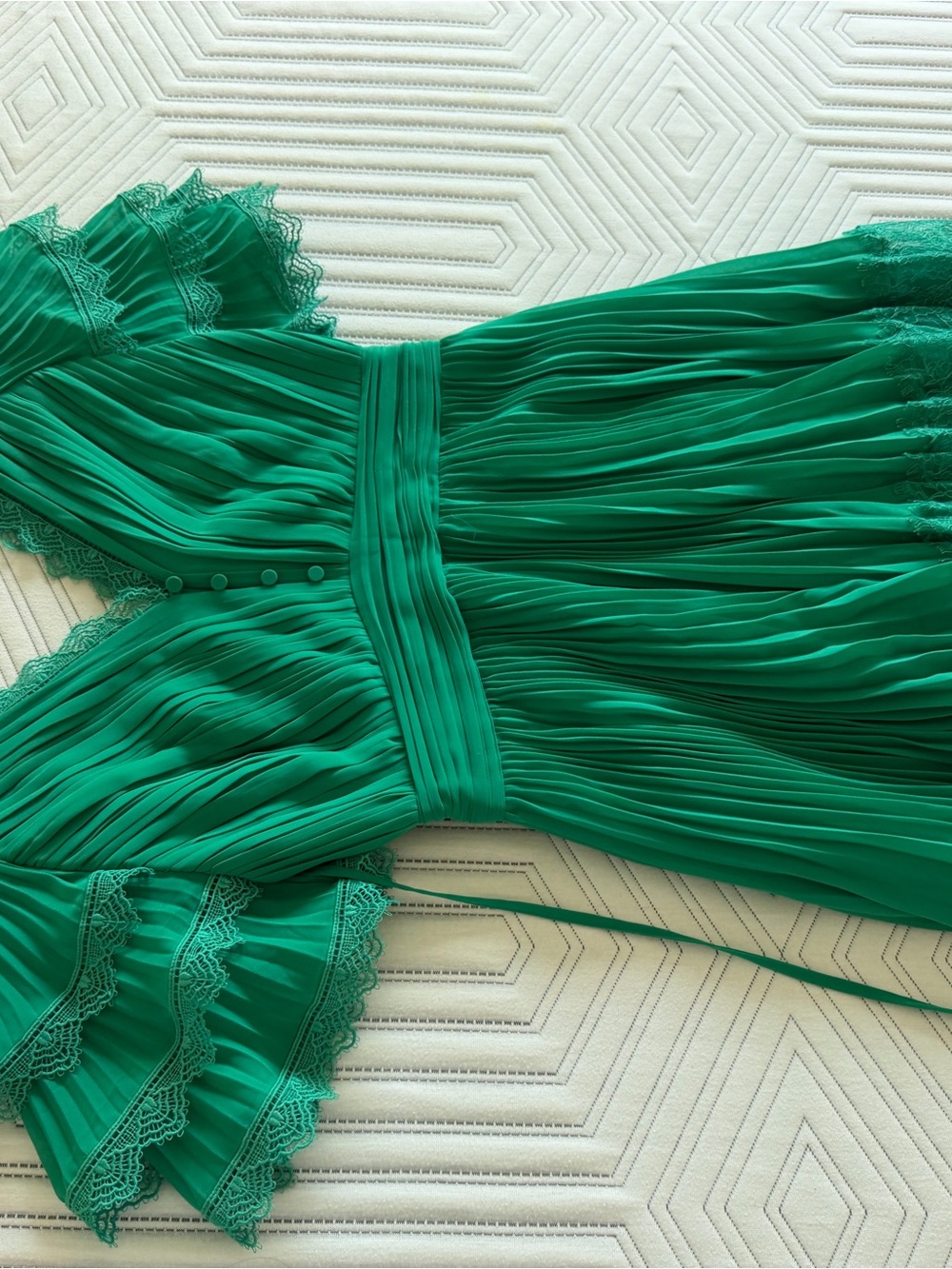 Self-Portrait Emerald Green Pleated Lace-Trim Midi Dress